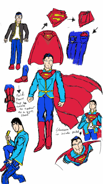 I tried to create a costume he can hide in plain sight in. reverse jacket, fold down boots that look like gym shoes. his kryptonian cape can fold up nicely into his back pocket.