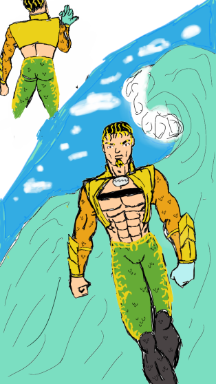 the look is inspired by Marvel's Namor when he was possessed by the Pheonix and Jason Mamoa's cinematic Aquaman. i don't like long hair on swimmers sure Aquaman is special but more hair slows him down so i made it shorter. i prefer the Waterbearer hand over the trident also i wanted Aquaman to be the rest of the team with his symbol on his chest and yeah i know the waterbearer is on the wrong side in the upper right drawing. that's going to happen a lot